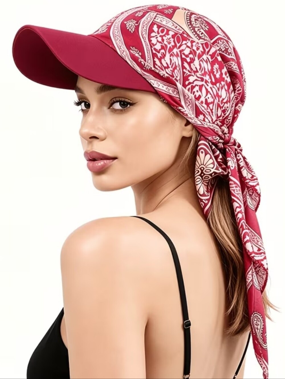 Bandana Satin Paisley Print Baseball Cap Brimmed Sun Hat. Red, White & Black NEW